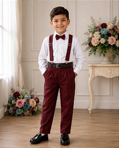 Conjunto Meninos Miss Cherry Leo Suspensorio Marsala