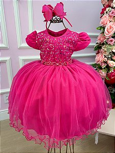 Vestido Menina Bonita Pink Peito Detalhes em Paete