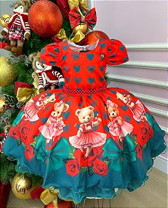 Vestido Mimadine Ursinho Vermelho Natal