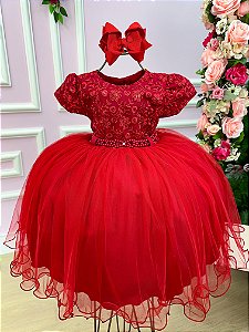 Vestido Menina Bonita Vermelho Peito Renda Flores