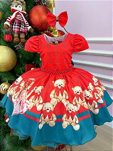 Vestido Mimadine Ursinho Menininha Vermelho Natal