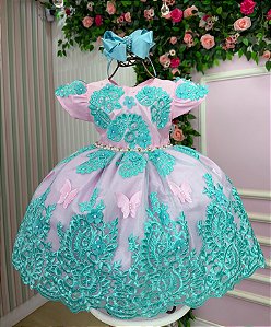 Vestido Marie Jardim Encantado Realeza Rosa Renda Verde Tiffany