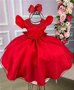 Vestido Belle Fille Vermelho Gola de Perolas