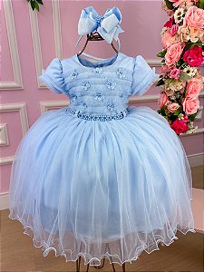 Vestido Menina Bonita Azul Bebe Florzinha Peito Tule