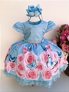 Vestido Infantil Menina Bonita Florido Azul