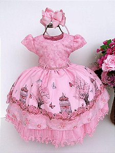 Vestido Infantil Menina Bonita Bosque Encantado Rosa