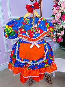 Vestido Junino Zaza Azul e Avental Laranja