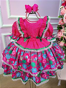 Vestido Bella Child Junino Quadrilha Flor do Sertão Luxo Pink