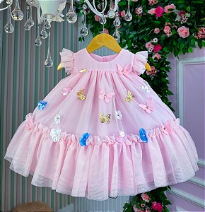 Vestido Vila Lele Jardim das Borboletas Baby Rosa Bebe