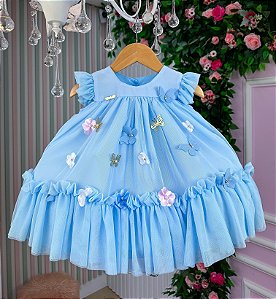 Vestido Vila Lele Jardim das Borboletas Baby Liz Azul Bebe