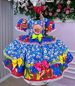 Vestido Junino Mimadine Encanto Floral Azul