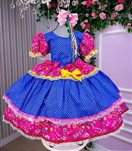 Vestido Junino Mimadine Quadrilha Luxuosa Azul