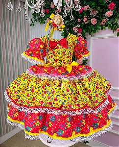 Vestido Junino Mimadine Encantado Luxo Amarelo e Vermelho