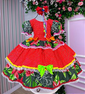 Vestido Junino Mimadine Festa das Flores Luxo Vermelho