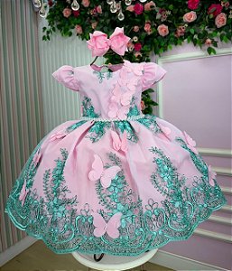 Vestido Marie Jardim Encantado Luxo Rosa e Verde Tiffany