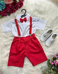 Conjunto Miss Cherry Henry Camisa Branca Suspensório Vermelho