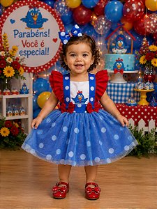 Romper/Vestido Princesa Belli Galinha Pintadinha Azul e Vermelho