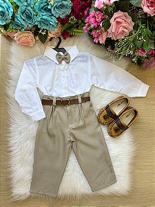 Conjunto Masculino Miss Cherry Social Branco Linho Com Calça Bege Henrique