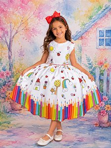 Vestido Marie Lapis Aquarela ABC Branco e Vermelho