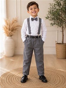 Conjunto Meninos Miss Cherry Leo Suspensorio Cinza Grafite