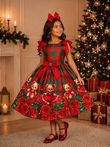 Vestido Marie Madeline Ursinho Xadrez Vermelho - Natal