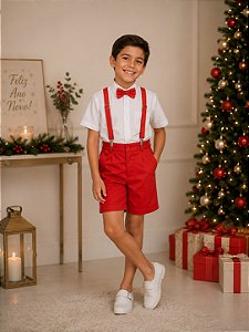 Conjunto Miss Cherry Henry Camisa Branca Suspensório Vermelho Modelo 2