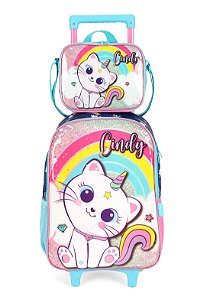 Kit Mochila Rodinhas + Lancheira Gatinha Cindy Unicornio
