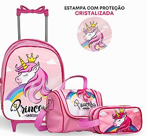 Kit Mochila Rodinhas + Lancheira + Estojo Unicornio