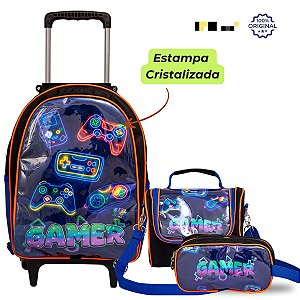 Kit Mochila Rodinhas + Lancheira + Estojo Gamer