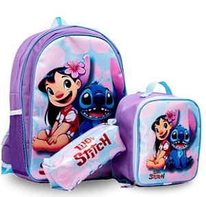 Kit Mochila de Costas + Lancheira + Estojo Lilo e Stitch