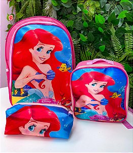 Kit Mochila de Costas + Lancheira + Estojo A Pequena Sereia - Ariel