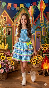 Conjunto Junino Banana Club Luxo Sofia Xadrez Azul