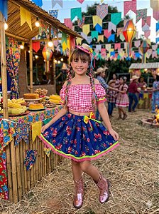 Conjunto Junino Banana Club Luxo Mirela Saia Florida Azul