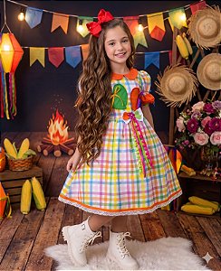 Vestido Marie Junino Luxo Dois Corações Laranja