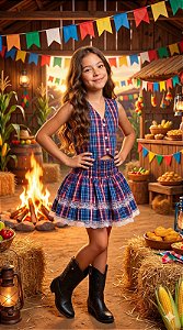 Conjunto Junino Miss Cherry Melissa Xadrez Azul Marinho