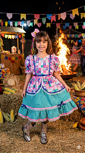 Vestido Bella Child Junino Celebração Caipira Verde Tiffany