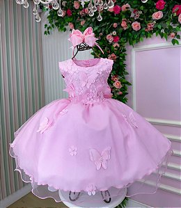 Vestido Marie Jardim das Borboletas Rosa Bebe Viviane Modelo 2