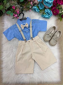 Conjunto Miss Cherry Henry Azul Suspensorio Bege