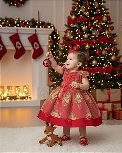 Vestido Marie Marcelina Jardim Encantado Vermelho com Dourado