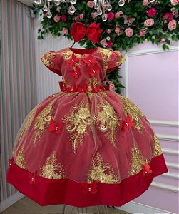 Vestido Marie Marcelina Jardim Encantado Vermelho com Dourado