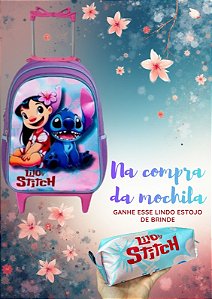 Mochila Rodinhas Lilo e Stitch + Estojo de Brinde