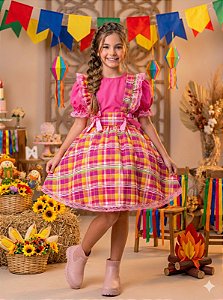 Vestido Junino Salopete Banana Club Luxo Arráia da Fofura
