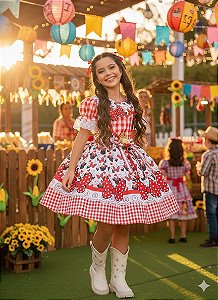 Vestido Junino Tematico Luxo Minnie/Minei Vermelho