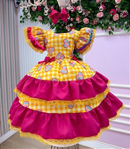 Vestido Junino Banana Club Luxo Coração Junino Amarelo