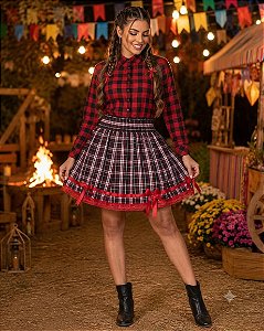 Saia Junina Adulta Xadrez Renda Vermelho