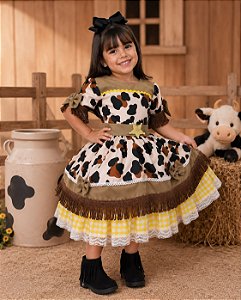 Vestido Tematicos Kids Doce Mimosa Marrom - Fazendinha - Vaquinha