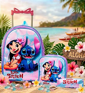 Kit Mochila Rodinhas + Lancheira + Estojo Lilo e Stitch