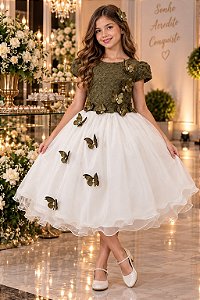 Vestido Juvenil - Midi Vila Lele Sabrina Verde Militar e Off