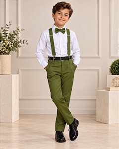 Conjunto Meninos Miss Cherry Leo Suspensorio Verde Oliva