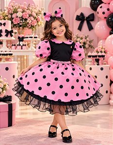 Vestido Banana Club Melody Rosa Poa Preto